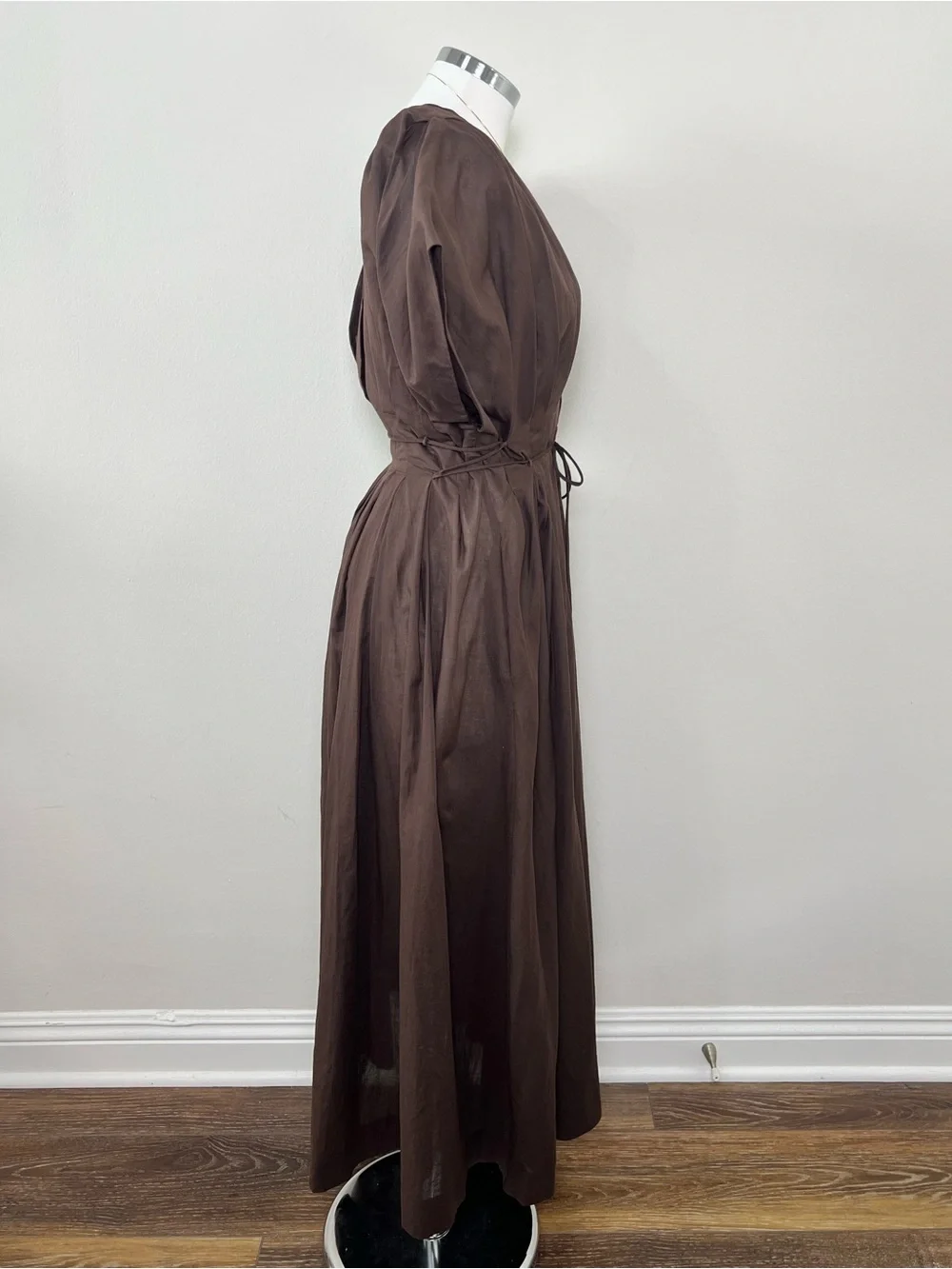 NWT Zara Brown Cotton Poplin Puff Sleeve Midi Dress Size M Pockets - Picture 4 of 12
